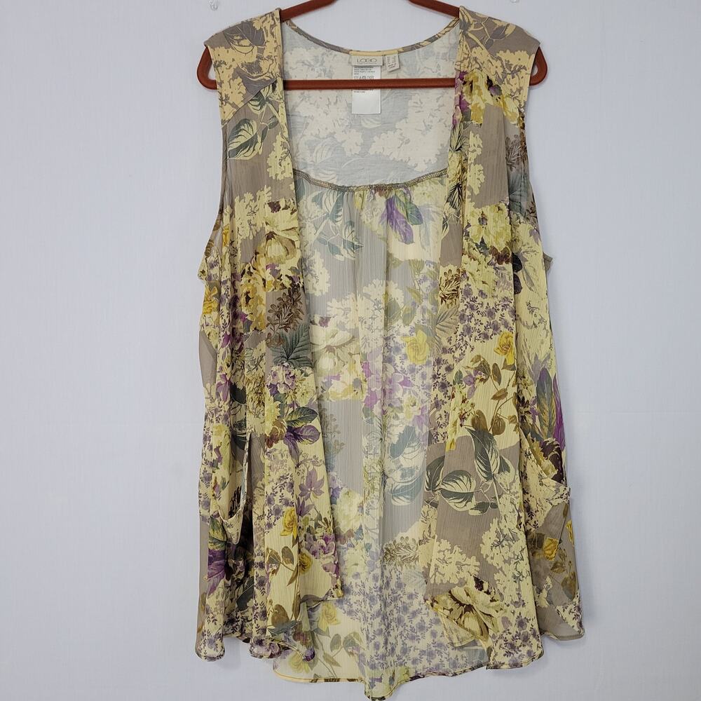 LOGO Mixed Floral Print Sleeveless Chiffon Cardigan Vest size 1X Artsy Boho
